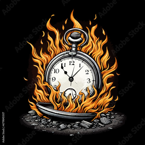 Vintage vector illustration of clock with flames and smoke, Time Running Out Illustration, concept of time is running out, importance of time concept. Ai Geneated photo