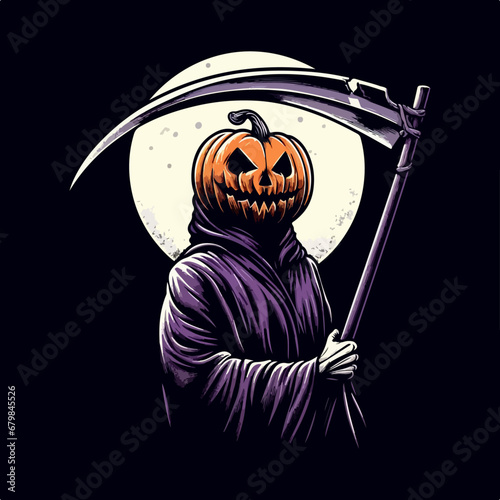 Vector illustration of Halloween reaper pumpkin holding scythe, Reaper Halloween carrying sickle vector poster, Reaper with Sickle Halloween Poster, Halloween t shirts. Ai Generated