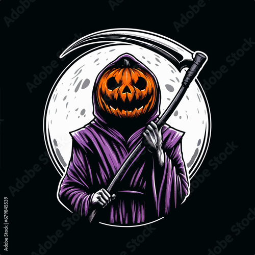 Vector illustration of Halloween reaper pumpkin holding scythe, Reaper Halloween carrying sickle vector poster, Reaper with Sickle Halloween Poster, Halloween t shirts. Ai Generated