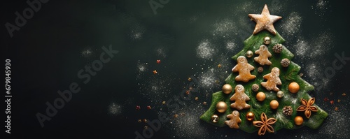 Top view of many gingerbread trees christmas cookies, baking panorama banner. Generative Ai. © annamaria