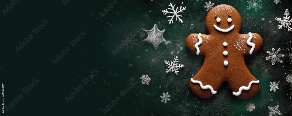 Top view of many gingerbread christmas cookies, baking panorama banner. Generative Ai. Top view of many gingerbread christmas cookies, baking panorama banner. Generative Ai.