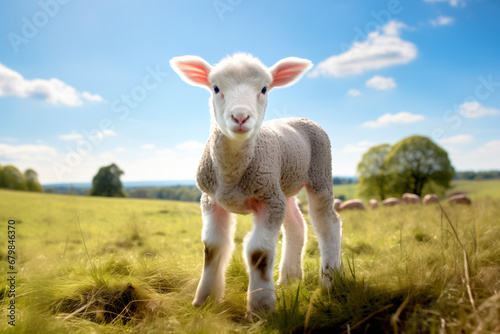 A lamb standing in a green grassy field and clouds against the blue skies. Innocence and sacrifice concept. No people