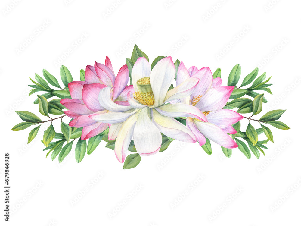 Floral composition with beautiful blooming lotuses and green branches. Water lilies, tea bush leaves. Abstract foliage, sacred lotus flower. Watercolor illustration. For greetings, package, label.