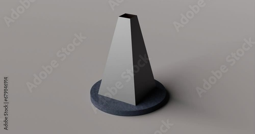 A mock-up of a street fireplace in the form of a truncated pyramid with a chimney in the upper section with a burning fire inside, camera rotation for viewing from all sides, 3d rendering