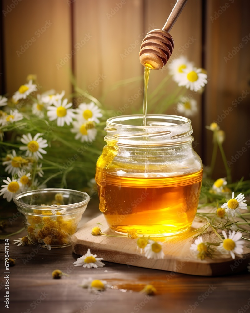 chamomile honey in jar chamomile honey in jar