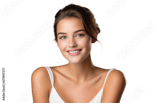 smiling young woman with natural healthy skin - facial skincare concept