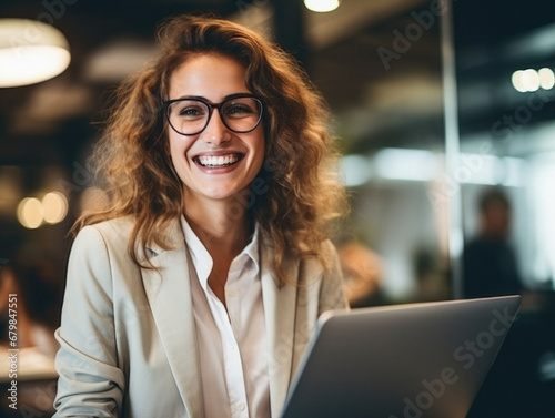 A young woman working on a laptop at a modern work office!