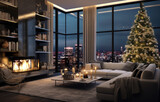 Modern interior with decorated Christmas tree and fireplace