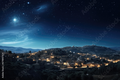 Christmas star over city of Bethlehem. Nativity story. Birth of Jesus Christ. Beautiful dark blue starry sky and bright star background