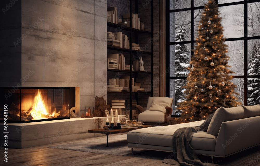Modern interior with decorated Christmas tree and fireplace