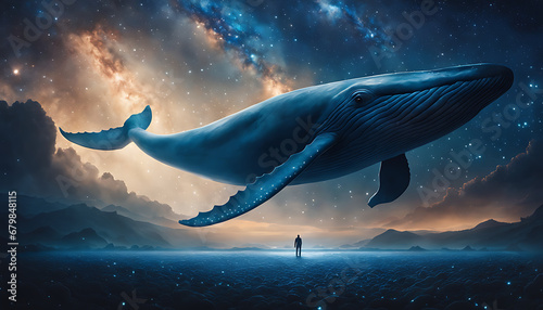 A surreal depiction of a blue whale floating in a sea of stars, its massive body dwarfing the surrounding galaxies