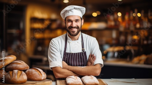 Happy baker standing near tray with bread at the bakery