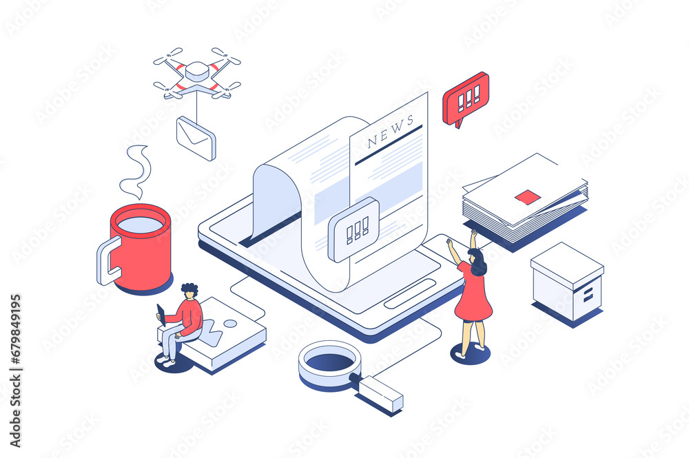 Mobile news concept in 3d isometric design. Man and woman reading breaking news and articles at online press using mobile applications. Illustration with isometry people scene for web graphic. - obrazy, fototapety, plakaty 