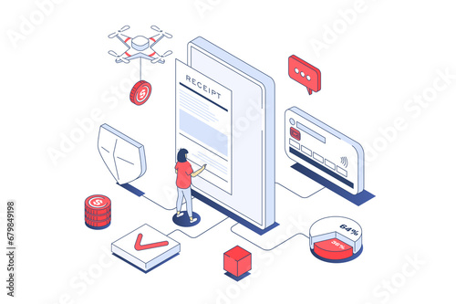Electronic receipt concept in 3d isometric design. Woman pays digital invoice, processing check pay, maks transfer using online banking. Illustration with isometry people scene for web graphic. photo