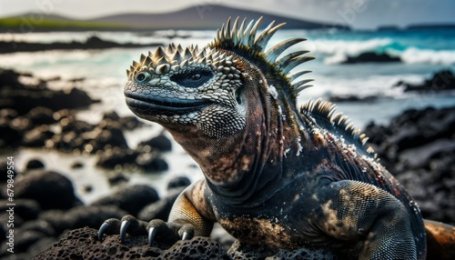 Close-up photograph of a Marine Iguana (Amblyrhynchus cristatus) on Galapagos shores, showing distinctive scales and spiky crest.
 photo