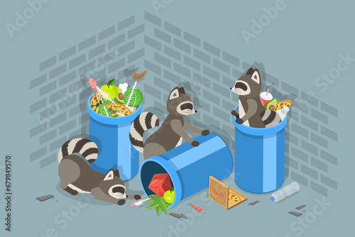 3D Isometric Flat Vector Illustration of Street Garbage, Eating Cute Funny Raccoons