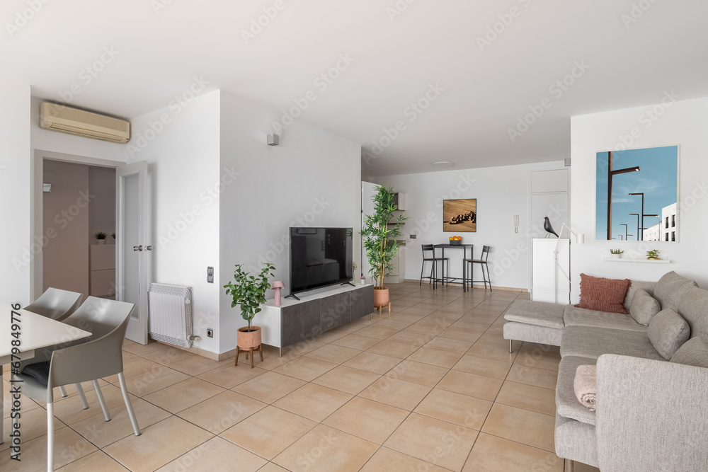 TV set on stand and soft sofa in luxury studio apartment TV set on stand and soft sofa in luxury studio apartment