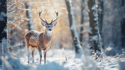 wild sika deer in the forest  trees  fawn  roe  antlers  winter  snow  new year  christmas  postcard  nature  cute  animal  eve  fairy tale