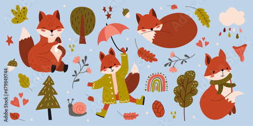 Cute doodle style vector set. Cute foxes, trees, rainbows, leaves, snail. Hand drawn collection of elements for scrapbooking. Children's illustration in cartoon style. Banner, poster, poster
