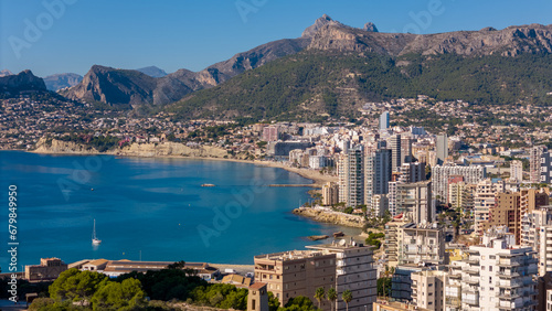 Aerial drone photo of the skyline in Calpe, a coastal town in the Costa Blanca Spain