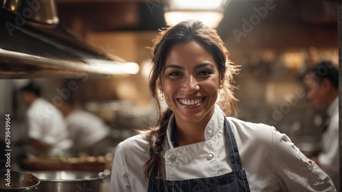 Smiling latin female chef in her restaurant, women owned business concept
 photo