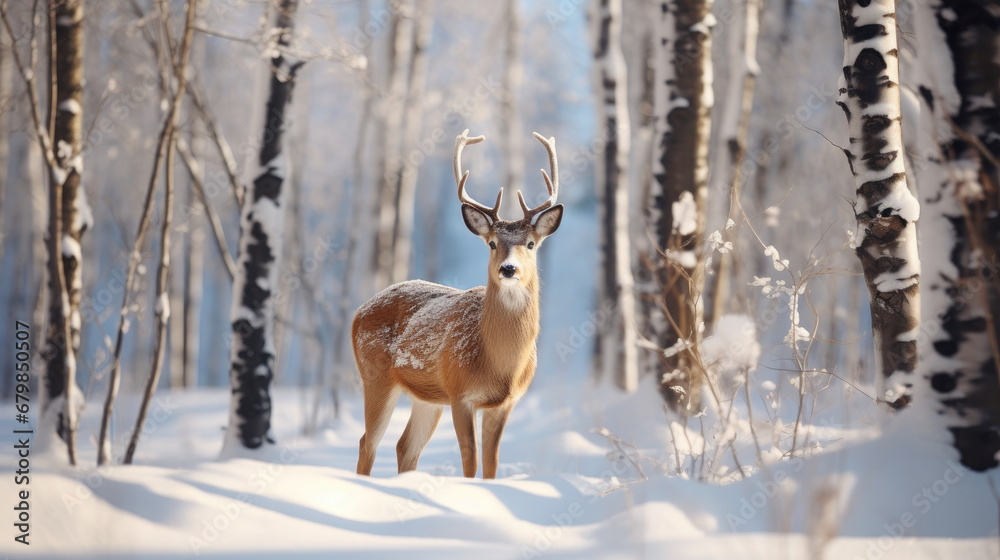 wild sika deer in the forest, trees, fawn, roe, antlers, winter, snow, new year, christmas, postcard, nature, cute, animal, eve, fairy tale wild sika deer in the forest, trees, fawn, roe, antlers, winter, snow, new year, christmas, postcard, nature, cute, animal, eve, fairy tale