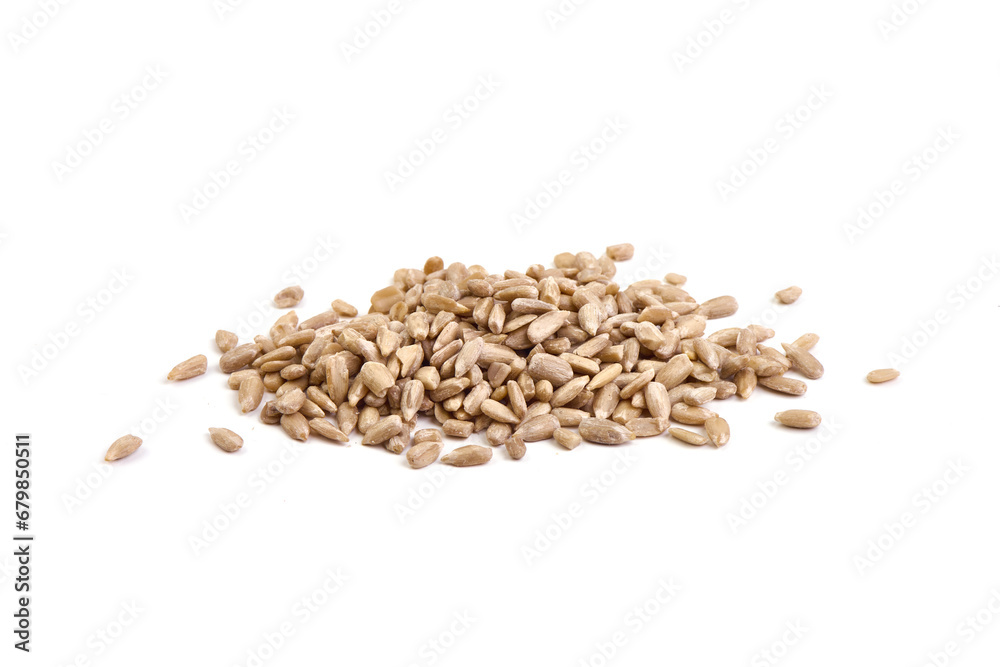 Pile of peeled sunflower seeds, isolated on white background. Pile of peeled sunflower seeds, isolated on white background.