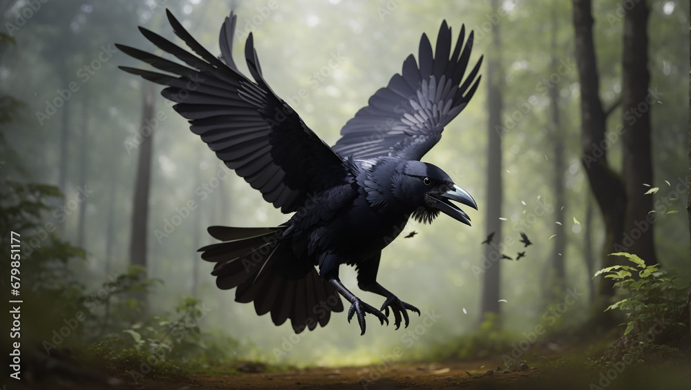 Fototapeta premium black crow flying in dark mysterious forest, Wildlife Animals.