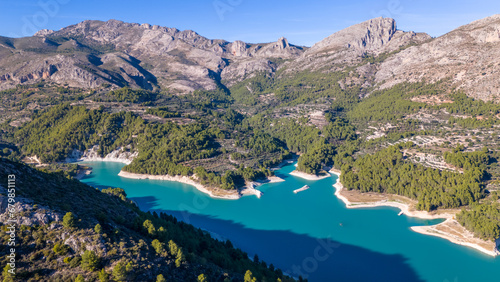 Aerial drone photo of the mountain lake named Guadalest in Alicante, Spain