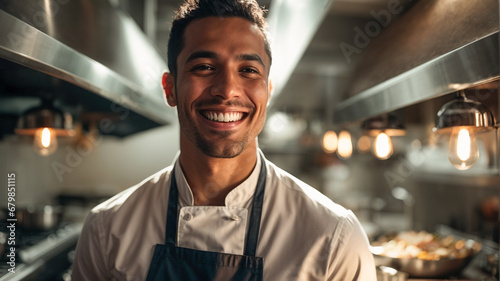 Smiling young Hispanic chef standing in the kitchen of a luxury restaurant, space for text photo