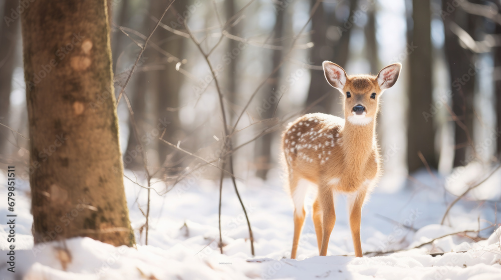 Obraz premium wild sika deer in the forest, trees, fawn, roe, antlers, winter, snow, new year, christmas, postcard, nature, cute, animal, eve, fairy tale