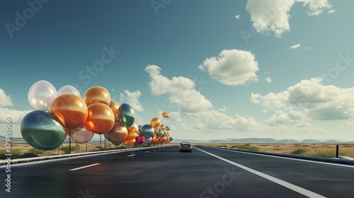 a number of balloons sitting on top of a highway, in the style of futuristic organic photo