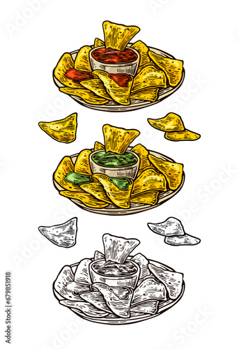 Nachos chips with ketchup and guacamole in pan. Vector color vintage engraving