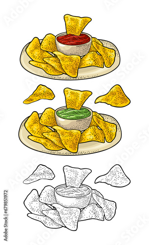 Nachos chips with ketchup and guacamole in pan. Vector color vintage engraving