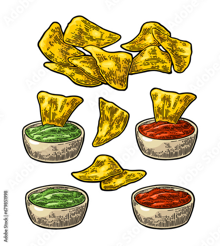 Nachos chips with ketchup and guacamole in pan. Vector color vintage engraving