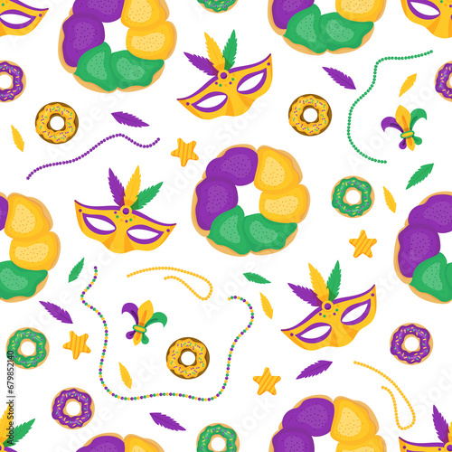 Mardi Gras seamless pattern. King Cake