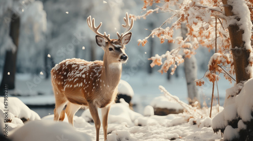 wild sika deer in the forest  trees  fawn  roe  antlers  winter  snow  new year  christmas  postcard  nature  cute  animal  eve  fairy tale