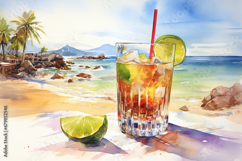 Cold cocktail with tropical fruits and ice cubes on a sandy beach, summer, watercolor illustration.