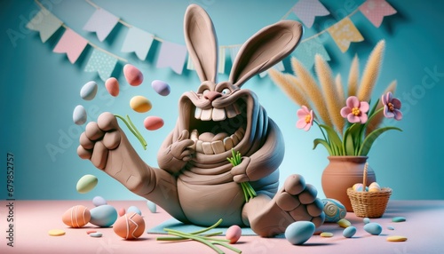 A cheerful animated easter bunny surrounded by colorful eggs, candy, and spring flowers in a festive scene photo