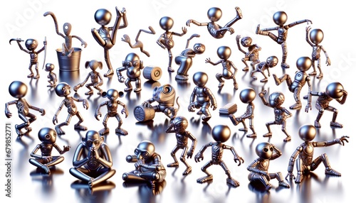 An army of metallic humanoid figures portrayed in a multitude of dynamic poses with a reflective silver finish