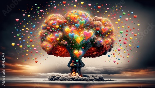 A digitally created image depicting a tree-like explosion filled with colorful hearts against a dramatic sky photo