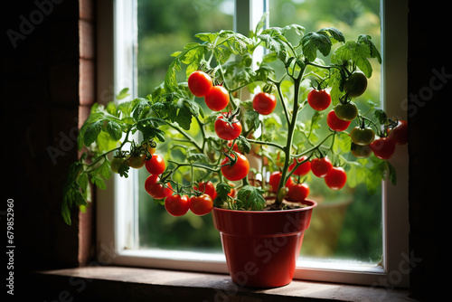 Bush with tomatoes on the windowsill, vegetable seedlings at home, your own vegetables at home