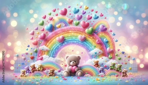 Cheerful image showcasing a teddy bear with mini teddies and hearts amidst a pastel rainbow and clouds