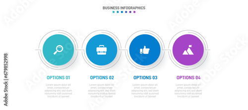 Timeline infographic with infochart. Modern presentation template with 4 spets for business process. Website template on white background for concept modern design. Horizontal layout.