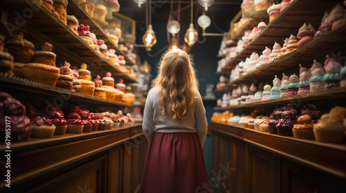 Young Girl Standing Amid Towering Shelves of Delicious Pastries, Cakes and Baked Goods. Generative AI. photo
