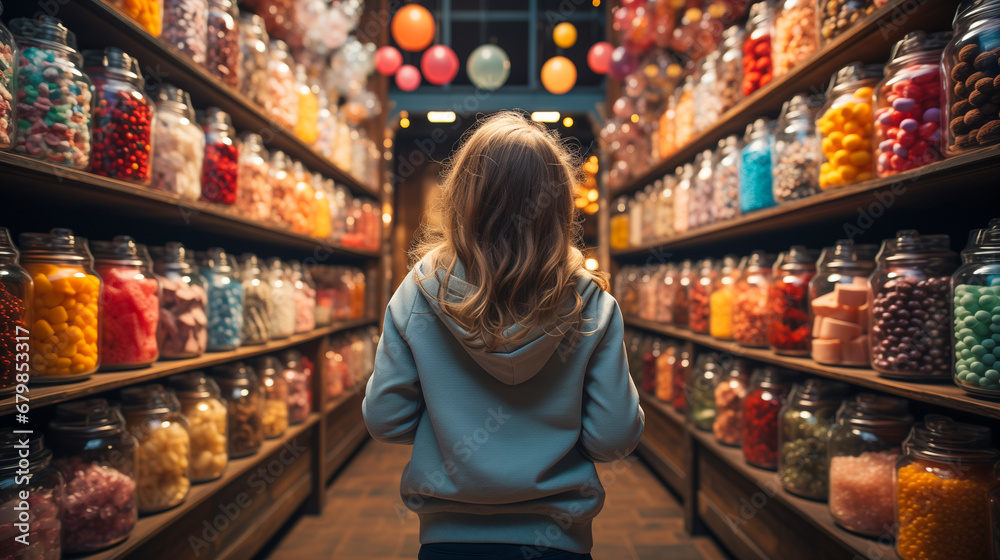Fototapeta premium Small Child Walking Amidst a Bountiful Display of Glass Candy Jars at a Market Filled with Endless Varieties of Colorful Confections and an Abundant Selection of Sweet Treats. Generative AI.