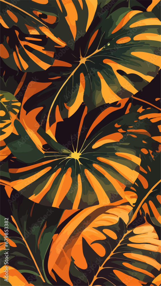 Vibrant Monstera Leaf Design: Orange Flat 2D Pattern