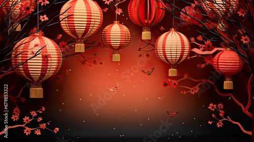 Red hanging lantern traditional asian decor on red background with flowers and butterflies for chinese new year