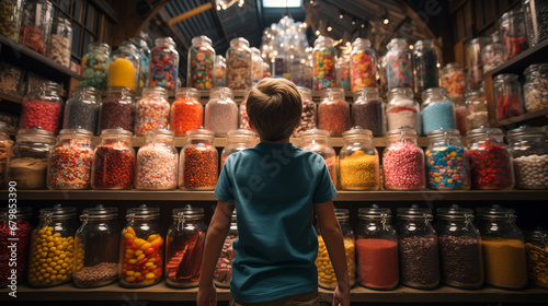 Small Child Walking Amidst a Bountiful Display of Glass Candy Jars at a Market Filled with Endless Varieties of Colorful Confections and an Abundant Selection of Sweet Treats. Generative AI.