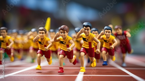 Miniature figures of athletes in sports uniforms running on the track. Group of plastic toys of marathon runners in motion. Human activity. Design for sport. Illustration for cover, card, decor or ad.